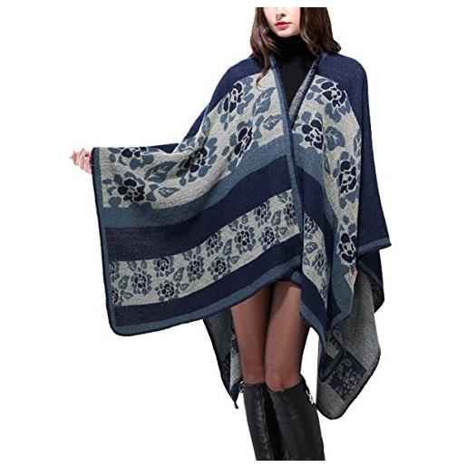 Aivtalk - scialle poncho mantella da donna invernale elegante reversibile multifunzionale lavorato a maglia in cachemire artificiale mantelle sciarpa cape cloak con modello di fiore - blu scuro