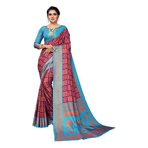 BishtHub Fashion sari di usura etnica indiana stampata di seta delle donne con pezzo di camicetta non cucita, rosso, taglia unica