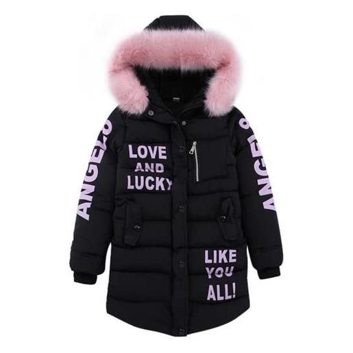 Lengender piumino bambini ragazze parka giacca cappotto con cappuccio giacca lunga pelliccia artificiale inverno caldo (160, nero)