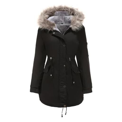 BETAM giacca invernale da donna, elegante, con cerniera, cappuccio rimovibile, parka con calda pelliccia sintetica foderata e tasche capispalla antivento, f-nero, 3xl