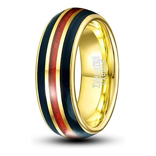 OIYO anello da uomo con corda nera e fibra di carbonio rossa, intarsio oro e tungsteno, anello per fedi nuziali, anello a cupola, comfort fit misura 54-67 (17,2-21,3), carburo di tungsteno