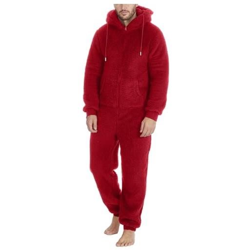 Darringls pigiama da uomo in pile teddy con cappuccio, con chiusura lampo, pigiama invernale in tinta unita, morbido e morbido, b rosso. , xxxl