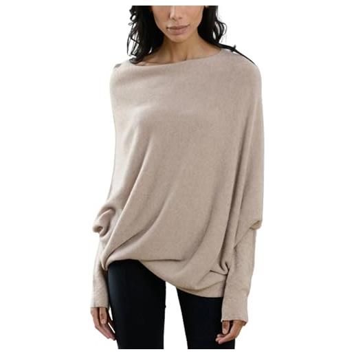 RhAny maglione drappeggiato asimmetrico, manica lunga a pipistrello, maglione con spalle scoperte pullover in maglia slouchy (one size, light brown)