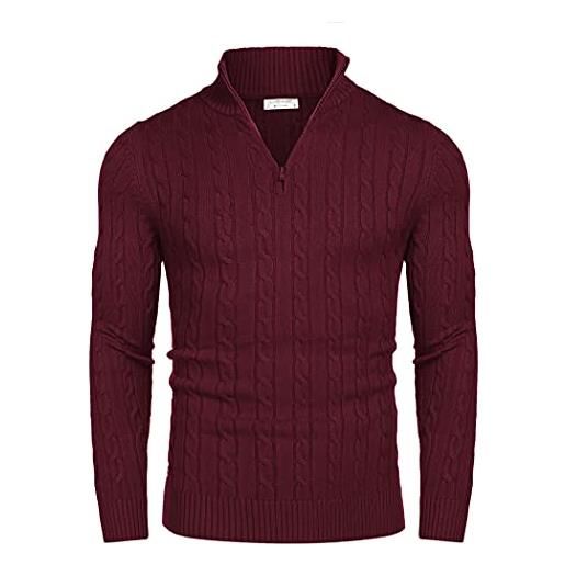 COOFANDY maglione lavorato a maglia da uomo, maglia fine, motivo a trecce, collo alto, vestibilità slim, maglione dolcevita essenziale, rosso vino, xl