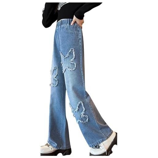 Happy Cherry bambina jeans larghi vita elastica pantaloni lunghi in denim comodi jeans a gamba larga ragazze cotone primaverile estivo autunnale casual blu pants, 13-15 anni