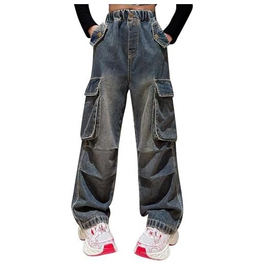Happy Cherry jeans bambina in denim pantaloni larghi casual vita alta jeans strappati con tasche pantaloni lunghi blu vintage per ragazze, 11-12 anni