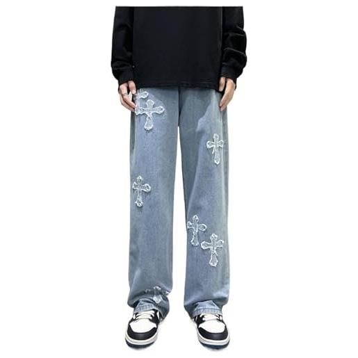 Yokbeer jeans larghi da uomo y2k con stampa di croci pantaloni jeans cargo larghi hip hop pantaloni larghi, pantaloni jeans larghi e larghi neri pantaloni casual per ragazzi uomini (color: blue, si
