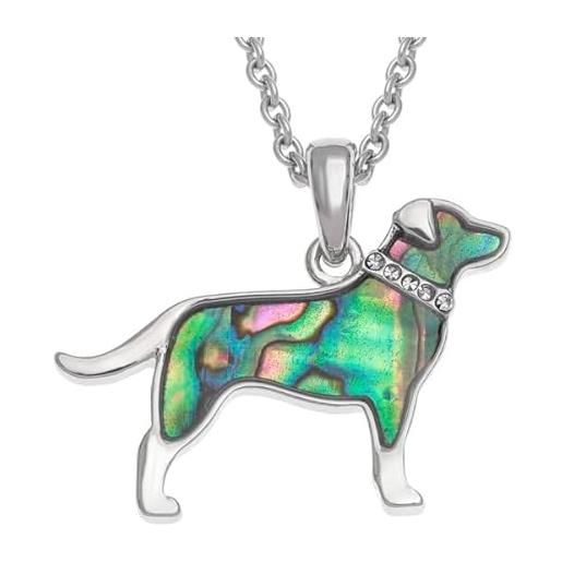 Kiara Jewellery collana con ciondolo a forma di cane labrador intarsiato con conchiglia di abalone di paua verdastro e collare in pietra di vetro su catena in tracce di 45,7 cm/50,8 cm