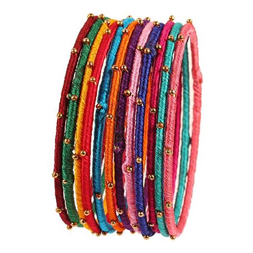 Touchstone silk thread bangle collection indian bollywood handcrafted faux silk thread with golden beads exotic look passionate multi color designer bangle bracelets set of 12 for women. 