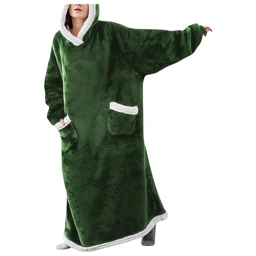 Alaurbeauty wearable blanket, felpa da donna, calda, lunga, unisex, con cappuccio, con tasche, sherpa, morbida, da soffitto (verde scuro, 150 cm), verde scuro, taglia unica