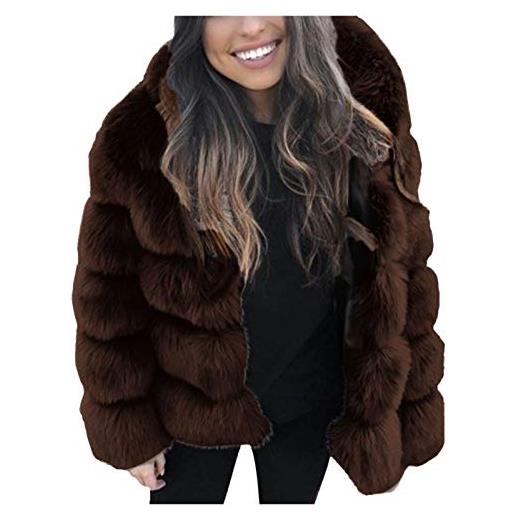 NHNKB cappotto invernale da donna con pelliccia, cappotto invernale in lana da donna, elegante con cappuccino, caldo da donna, giacca da donna, marrone, l
