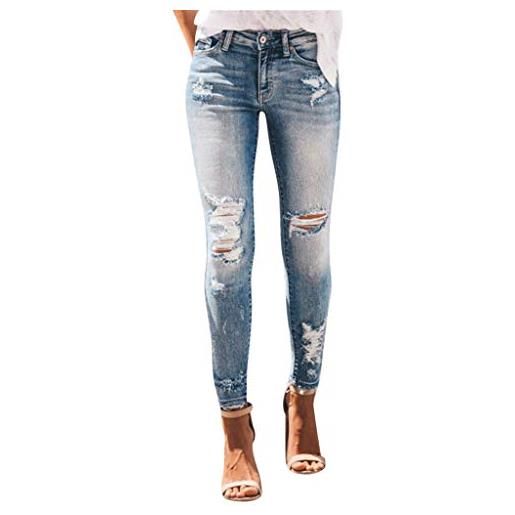 Generic skinny jeans da donna in cotone, con foro stretto, in denim elasticizzato, a vita alta, slim fit, con chiusura a strappo, con chiusura lampo, pantaloni estivi strappati, jeans, blu, m