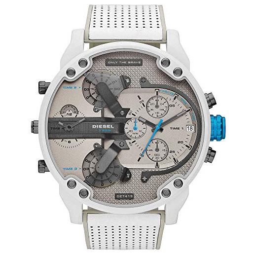 Diesel orologio mr. Daddy 2.0 da uomo, movimento cronografo, cassa in acciaio inossidabile bianca da 57 mm con bracciale in acciaio inossidabile, dz7419