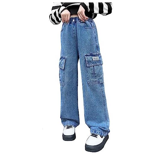 SEAUR jeans da ragazza, a vita alta, con gamba larga, taglio in jeans, taglio strappato, stile vintage, y2k, jeans lunghi con elastico in vita, 5-15 anni, a05# blu, 140-146 cm