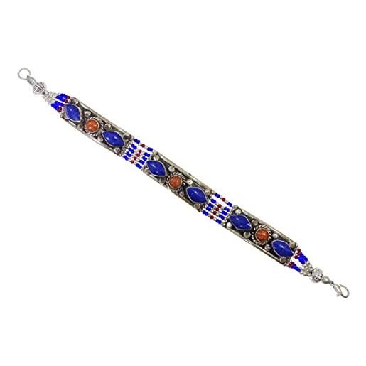 Tibetan Silver braccialetti fatti a mano per donne, braccialetti firmati con lapislazzuli e pietre preziose di corallo, gioielli di moda placcati in argento per regali, lunghezza 7,5