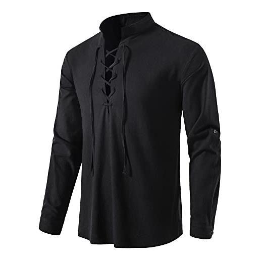 MakingDa cotone classico scozzese jacobite ghillie kilt shirt smart casual manica lunga senza colletto accogliente pizzo camicie pianura top, a275-kaki, xxl