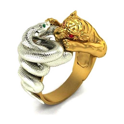 PikaLF anello serpente tigrato da uomo, anello serpente in argento e tigre dorata, anello testa di tigre gotico antico occhi rossi, anello avvolgente serpente con occhi verdi punk hip hop, gioielli