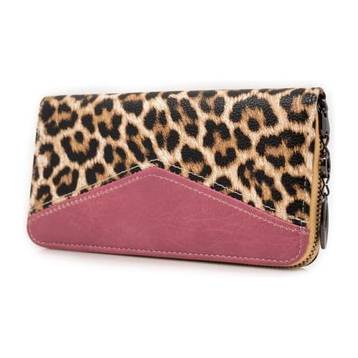 Emila portafoglio donna leopardato grande con zip cerniera stampa animalier leopardo lungo xl porta tessere scomparti carte credito borsellino portamonete ecopelle rettangolare rosa