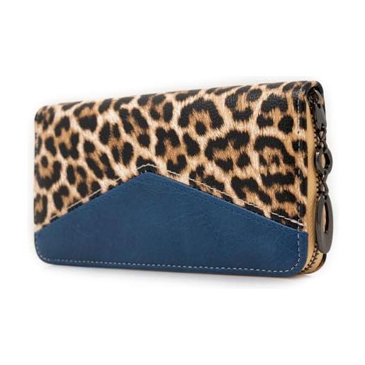 Emila portafoglio donna leopardato grande con zip cerniera stampa animalier leopardo lungo xl porta tessere scomparti carte credito borsellino portamonete ecopelle rettangolare blu