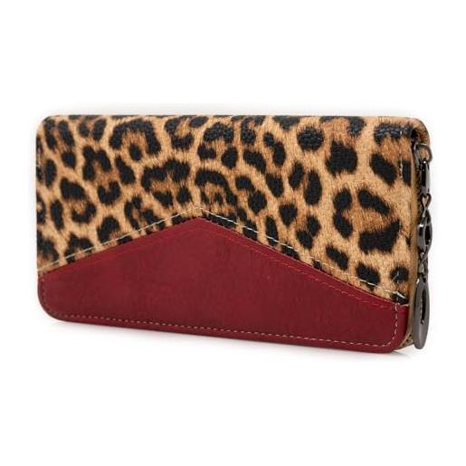 Emila portafoglio donna leopardato grande con zip cerniera stampa animalier leopardo lungo xl porta tessere scomparti carte credito borsellino portamonete ecopelle rettangolare rosso