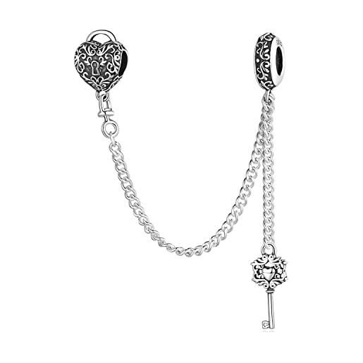 Teleye charm in argento sterling 925 con lucchetto a forma di cuore e chiave di sicurezza, adatto per la collana del braccialetto pandora