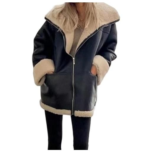 Hongsuny donna inverno faux fur shearling moto bomber giacca sherpa-lined aviator cappotto di cuoio outerwear