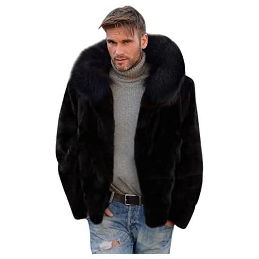 UnoSheng giacca invernale da uomo con cappuccio in pelliccia - cappotto di pelliccia da uomo corto nero cappotto caldo parka pelliccia sintetica giacca invernale in pile con cappuccio giacca da mezza