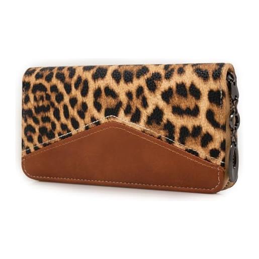Emila portafoglio donna leopardato grande con zip cerniera stampa animalier leopardo lungo xl porta tessere scomparti carte credito borsellino portamonete ecopelle color cuoio