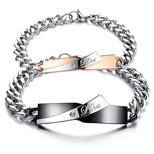 Kim Johanson coppia di braccialetti in acciaio inox * lov* in argento, oro rosa e nero | gioielli con cuore | coppia di bracciali | regalo per coppie con incisione | impermeabile | bff | regolabile