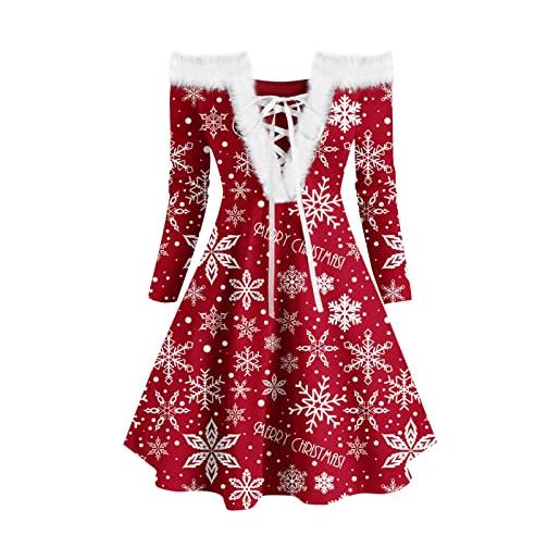 Janly abito morbido ladies fur-collar strapless sexy lace-up christmas print retro plush long-sleeved dress