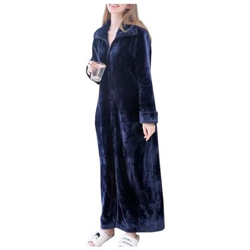 XNASU zip up robe fleece accappatoio lungo zipper lounger caldo housecoat camicia da notte a maniche lunghe con tasche, marina militare, m