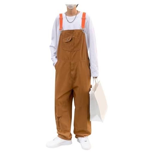 Oanviso salopette uomo overalls elasticità salopette in denim casual pantaloni strappati loose fit moda ragazzo jumpsuit pagliaccetti da lavoro con bretelle i kaki m