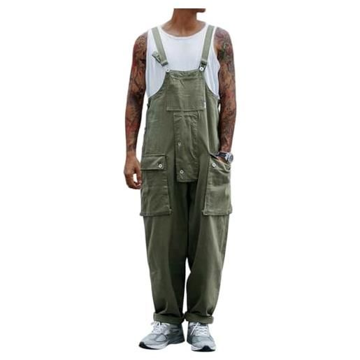 Oanviso salopette uomo overalls elasticità salopette in denim casual pantaloni strappati loose fit moda ragazzo jumpsuit pagliaccetti da lavoro con bretelle h verde l