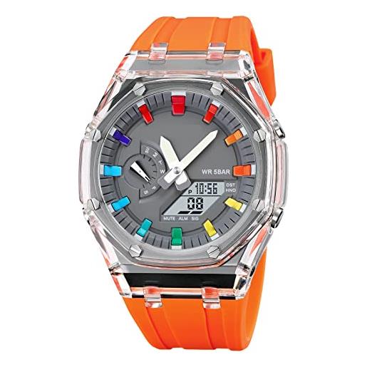 Forrader orologio sportivo da uomo analogico digitale con doppio display, impermeabile e militare, orologio da polso multifunzione per uomo, arancione, cinturino