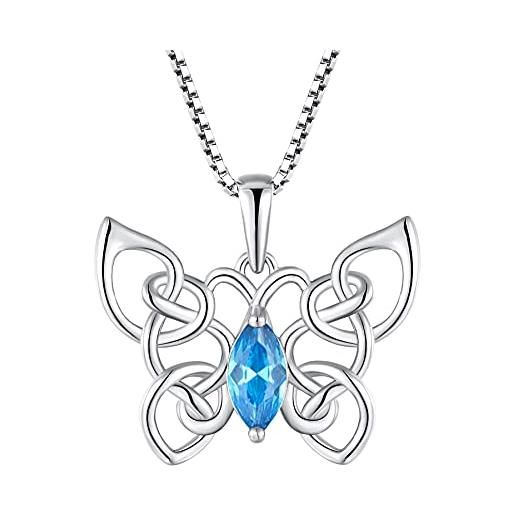 FJ collana farfalla argento 925 collana nodo celtico ciondolo con marzo pietra portafortuna acquamarina gioielli regalo per donna