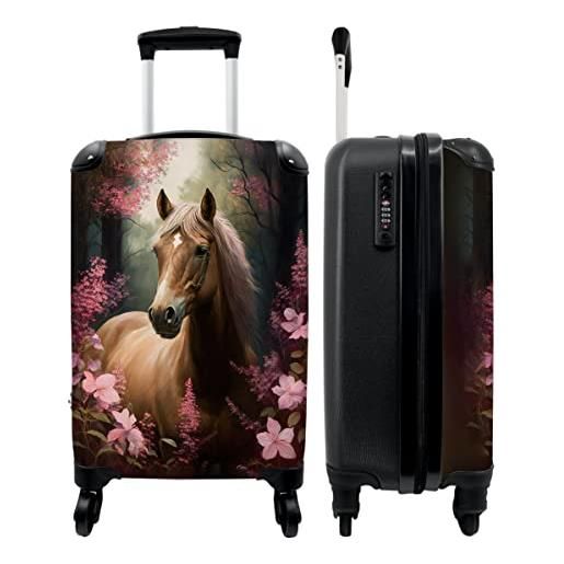 NoBoringSuitcases.com® valigetta per bambini e bambine, con ruote, bagaglio a mano, cavallo, fiori rosa, naturale, 55 x 35 x 20 cm, cavallo rosa fiori, handgepäck, bagaglio per bambini