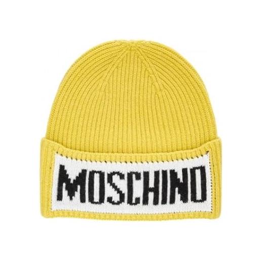 MOSCHINO cappello misto lana tessuto in effetto maglia con scritta giallo 005
