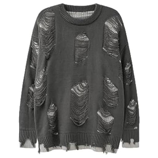 Yeooa maglia y2k maglione girocollo casual maglione unisex maglia gotica vintage unisex maglione lavorato a frangia strappata (grigio, l)