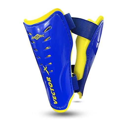 Vector X brazil football shin pad for mens and boys (blue/yellow, size: small) | material: plastic, moulded film | soft padded | strap fastening