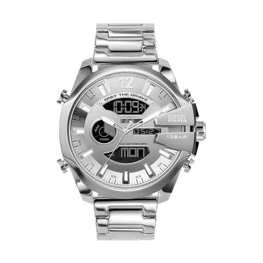 Diesel mega chief orologio da uomo movimento digitale o cronografo, acciaio inossidabile con cassa da 51 mm e cinturino in acciaio inossidabile o in pelle, d'argento