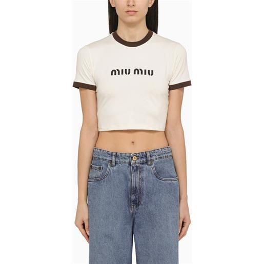 Miu Miu t-shirt crop avorio/nera con logo