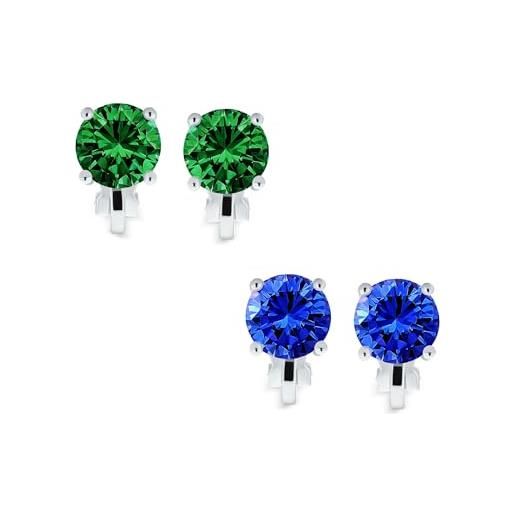 Bling Jewelry set di 2 orecchini a clip con zirconi cubici rotondi taglio brillante 2ct imitazione di pietre preziose smeraldo verde e zaffiro blu per donne senza fori in ottone placcato argento