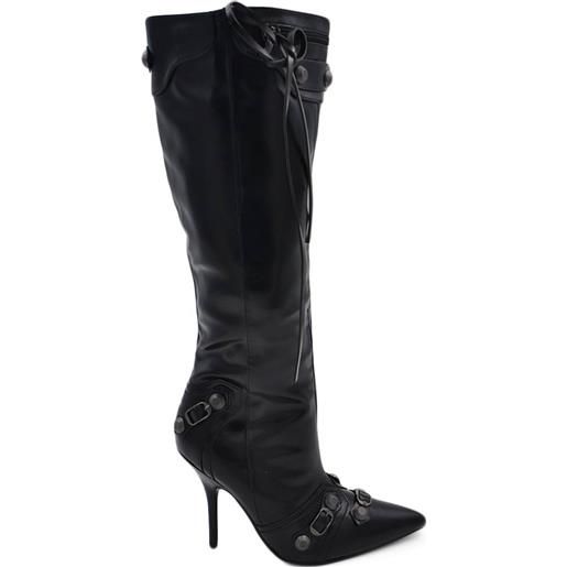 Malu Shoes stivali donna nero pelle al ginocchio punta borchie argento schiacciate lacci zip laterale aderente tacco spillo 12