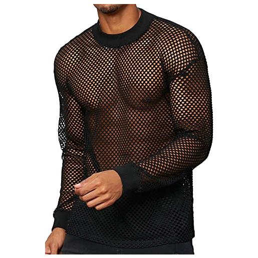 AIEOE camicia a rete da uomo con glitter trasparente, maglietta sexy a maniche corte, maglietta estiva a rete - xs-3xl, c01# maglia a maniche lunghe a rete - nero, s