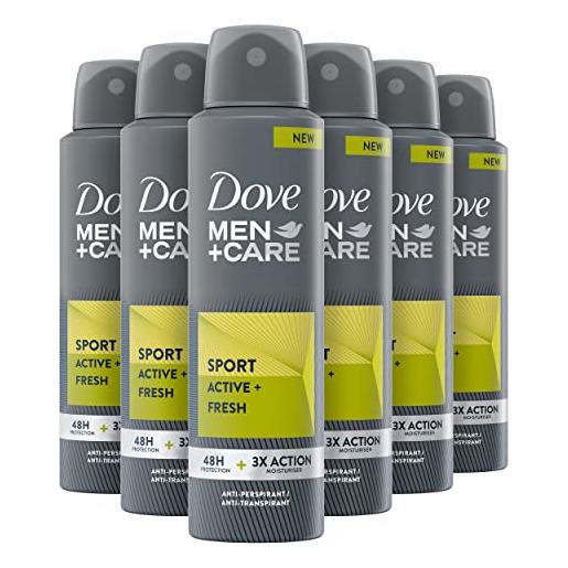 Dove men+care deodorante spray sport active, con 1/4 di crema idratante, deodorante uomo antitraspirante senza alcol, aiuta a ridurre le irritazioni, fino a 48 ore di protezione, 6 pezzi da 150 ml