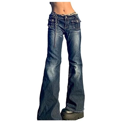 FUZUAA jeans cargo vintage gotici per donna pantaloni larghi a gamba dritta punk estetici grunge pantaloni larghi anni '90 a vita bassa hippie denim (color: blue, size: s)