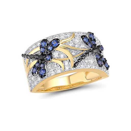 Santuzza anello libellula con spinello blu e zirconia cubica placcato oro 14 carati anello in argento sterling da donna, metallo, zirconia cubica