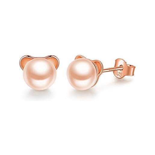 PHENIOTACE simpatici orecchini a bottone a forma di topo in argento 925 con perla d'acqua dolce rotonda 8 mm (0,32 pollici), confezione regalo (oro rosa)