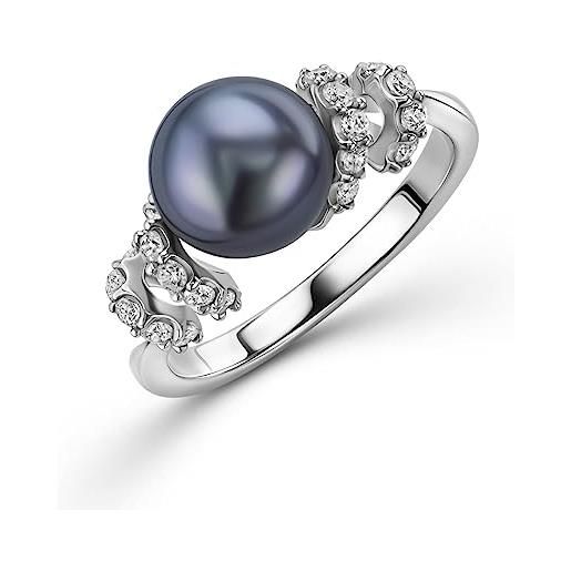 OROVI anello donna argento sterling 925 rodiato con perla nera coltivata d'acqua dolce mm 8,00 fra due spirali di zirconi taglio brillante. Gioiello in argento solido anallergico. 