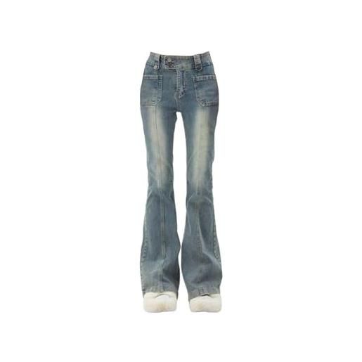 ARESU jeans da donna blu pantaloni svasati a vita alta denim vintage fondo a zampa d'elefante femminile harajuku streetwear chic pantaloni marea anni 2000 y2k-blu-m